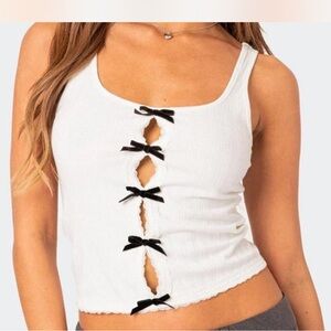 Edikted White Ribbed Tank with Black Bow Front Detail